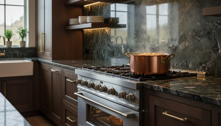 Luxury modern kitchen interior design with elegant furniture and natural lighting.