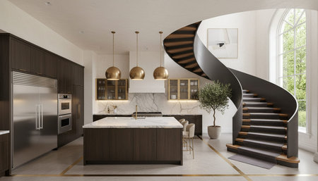 Luxury modern kitchen interior design with elegant furniture and natural lighting.