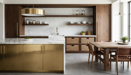 Luxury modern kitchen interior design with elegant furniture and natural lighting.