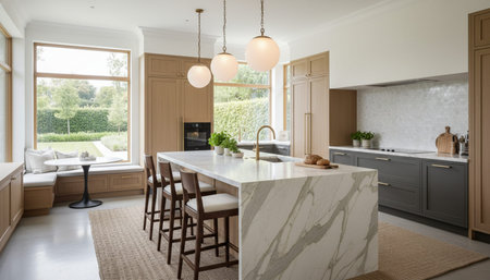 Luxury modern kitchen interior design with elegant furniture and natural lighting.