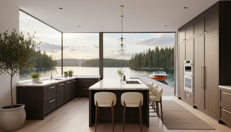 Luxury modern kitchen interior design with elegant furniture and natural lighting.