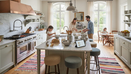 Luxury modern kitchen interior design with elegant furniture and natural lighting.
