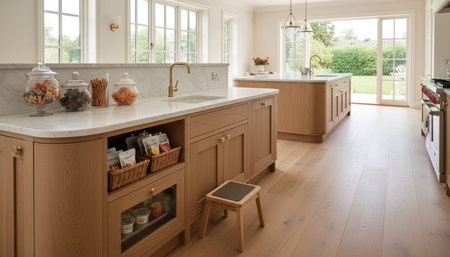 Luxury modern kitchen interior design with elegant furniture and natural lighting.