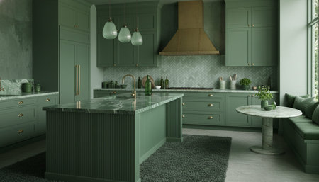 Luxury modern kitchen interior design with elegant furniture and natural lighting.