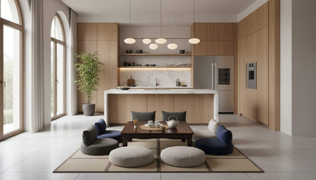 Luxury modern kitchen interior design with elegant furniture and natural lighting.