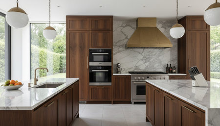 Luxury modern kitchen interior design with elegant furniture and natural lighting.