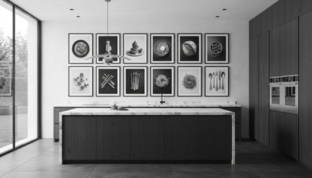 Luxury modern kitchen interior design with elegant furniture and natural lighting.