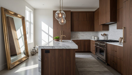 Luxury modern kitchen interior design with elegant furniture and natural lighting.