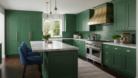 Luxury modern kitchen interior design with elegant furniture and natural lighting.