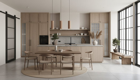 Luxury modern kitchen interior design with elegant furniture and natural lighting.