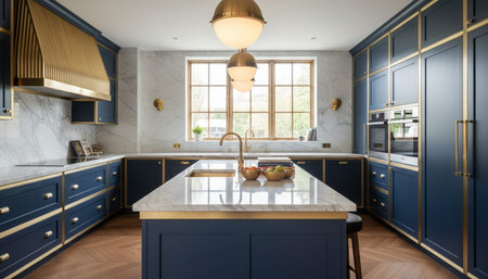 Luxury modern kitchen interior design with elegant furniture and natural lighting.