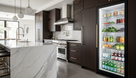 Luxury modern kitchen interior design with elegant furniture and natural lighting.