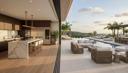 Luxury modern kitchen interior design with elegant furniture and natural lighting.