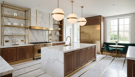 Luxury modern kitchen interior design with elegant furniture and natural lighting.