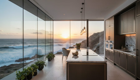 Luxury modern kitchen interior design with elegant furniture and natural lighting.