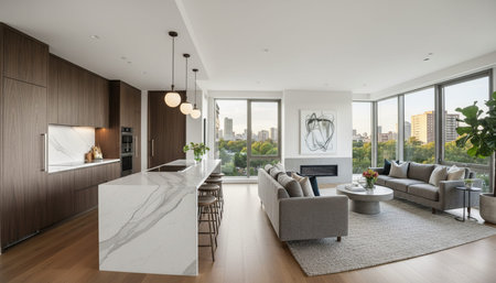Luxury modern kitchen interior design with elegant furniture and natural lighting.