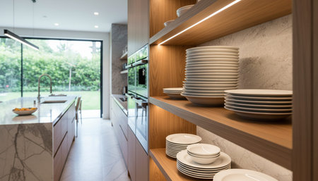 Luxury modern kitchen interior design with elegant furniture and natural lighting.