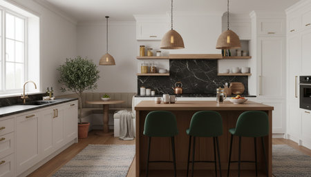 Luxury modern kitchen interior design with elegant furniture and natural lighting.