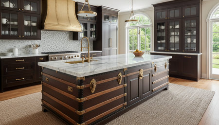 Luxury modern kitchen interior design with elegant furniture and natural lighting.