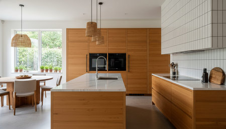 Luxury modern kitchen interior design with elegant furniture and natural lighting.