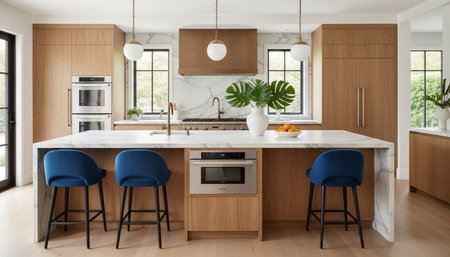 Luxury modern kitchen interior design with elegant furniture and natural lighting.