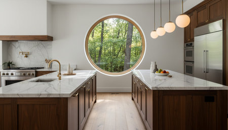 Luxury modern kitchen interior design with elegant furniture and natural lighting.