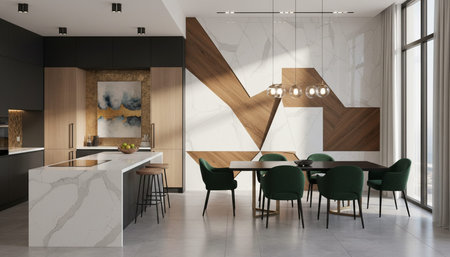 Luxury modern kitchen interior design with elegant furniture and natural lighting.