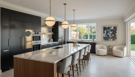 Luxury modern kitchen interior design with elegant furniture and natural lighting.