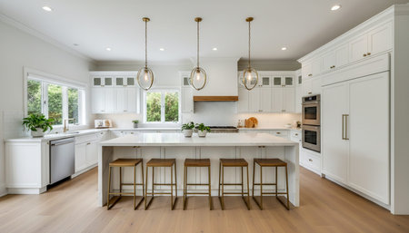 Luxury modern kitchen interior design with elegant furniture and natural lighting.