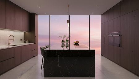 Luxury modern kitchen interior design with elegant furniture and natural lighting.