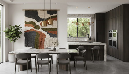 Luxury modern kitchen interior design with elegant furniture and natural lighting.