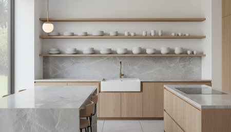 Luxury modern kitchen interior design with elegant furniture and natural lighting.