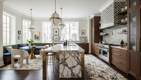 Luxury modern kitchen interior design with elegant furniture and natural lighting.