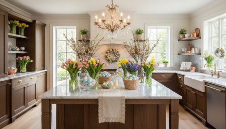 Luxury modern kitchen interior design with elegant furniture and natural lighting.