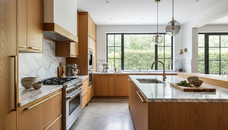 Luxury modern kitchen interior design with elegant furniture and natural lighting.
