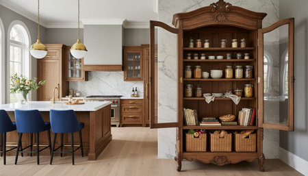 Luxury modern kitchen interior design with elegant furniture and natural lighting.