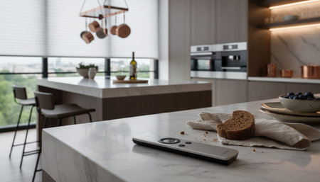 Luxury modern kitchen interior design with elegant furniture and natural lighting.