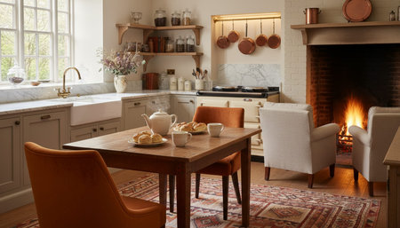 Luxury modern kitchen interior design with elegant furniture and natural lighting.