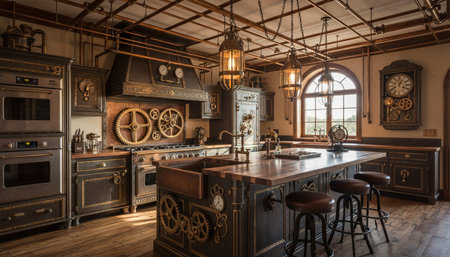 Luxury modern kitchen interior design with elegant furniture and natural lighting.