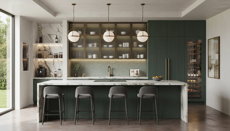 Luxury modern kitchen interior design with elegant furniture and natural lighting.