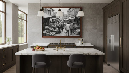 Luxury modern kitchen interior design with elegant furniture and natural lighting.