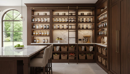 Luxury modern kitchen interior design with elegant furniture and natural lighting.