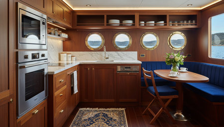 Luxury modern kitchen interior design with elegant furniture and natural lighting.