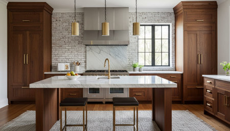 Luxury modern kitchen interior design with elegant furniture and natural lighting.