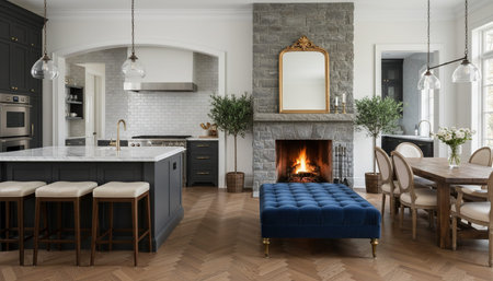 Luxury modern kitchen interior design with elegant furniture and natural lighting.