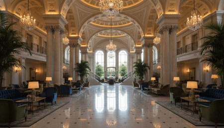Luxury grand interior architecture featuring ornate ceilings, indoor swimming pools, and lush...