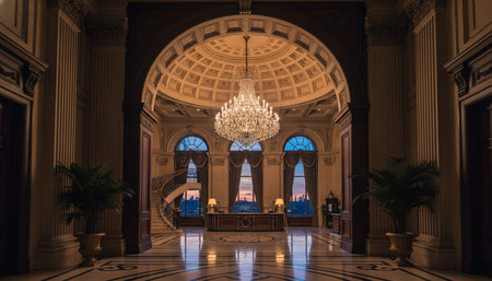 Luxury grand interior architecture featuring ornate ceilings, indoor swimming pools, and lush...