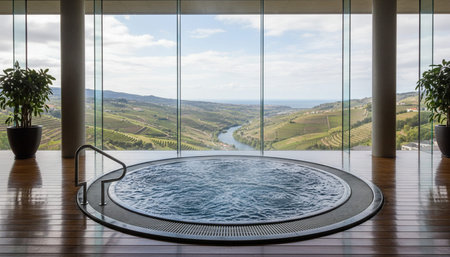 Luxury grand interior architecture featuring ornate ceilings, indoor swimming pools, and lush...