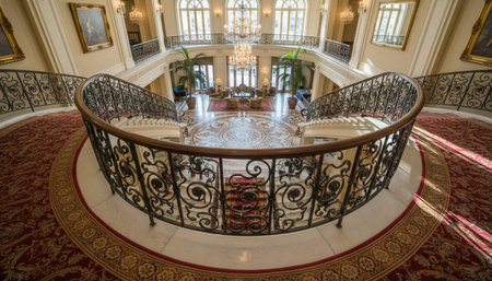 Luxury grand interior architecture featuring ornate ceilings, indoor swimming pools, and lush...