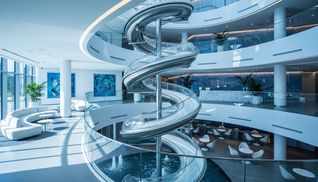 Luxury grand interior architecture featuring ornate ceilings, indoor swimming pools, and lush...